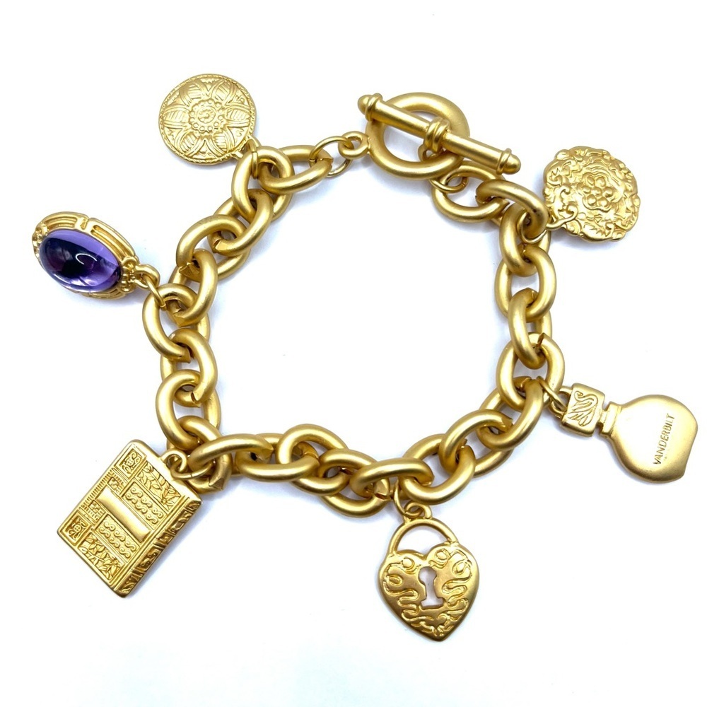 Charm Bracelet Large Vintage Designer Matte Gold Tone Book Perfume Feminine